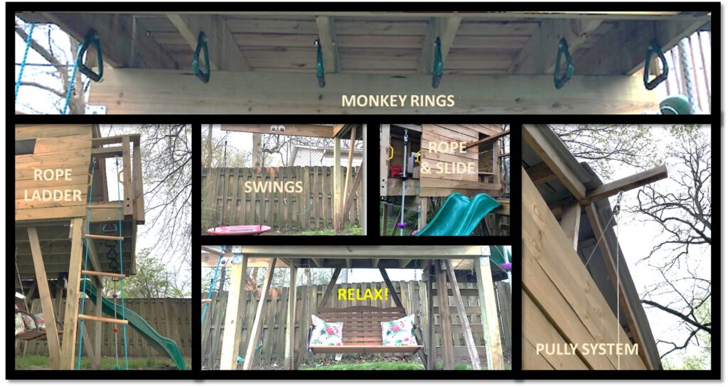 DIY monkey rings, swings, pully, rope ladder and slide